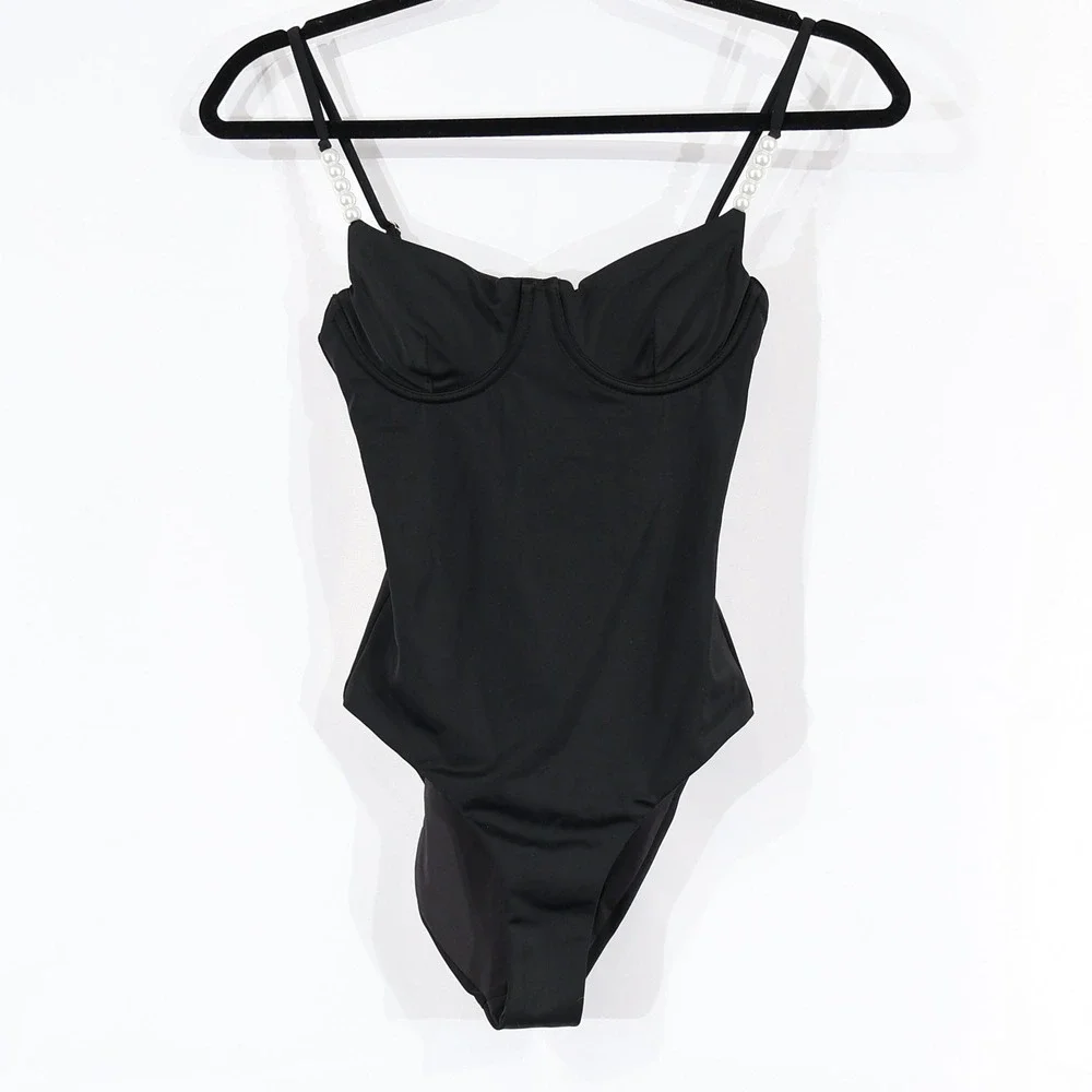 AQUA One Piece Swimsuit Women‎ L Black Pearl Strap Underwire Resort $108 NWOT